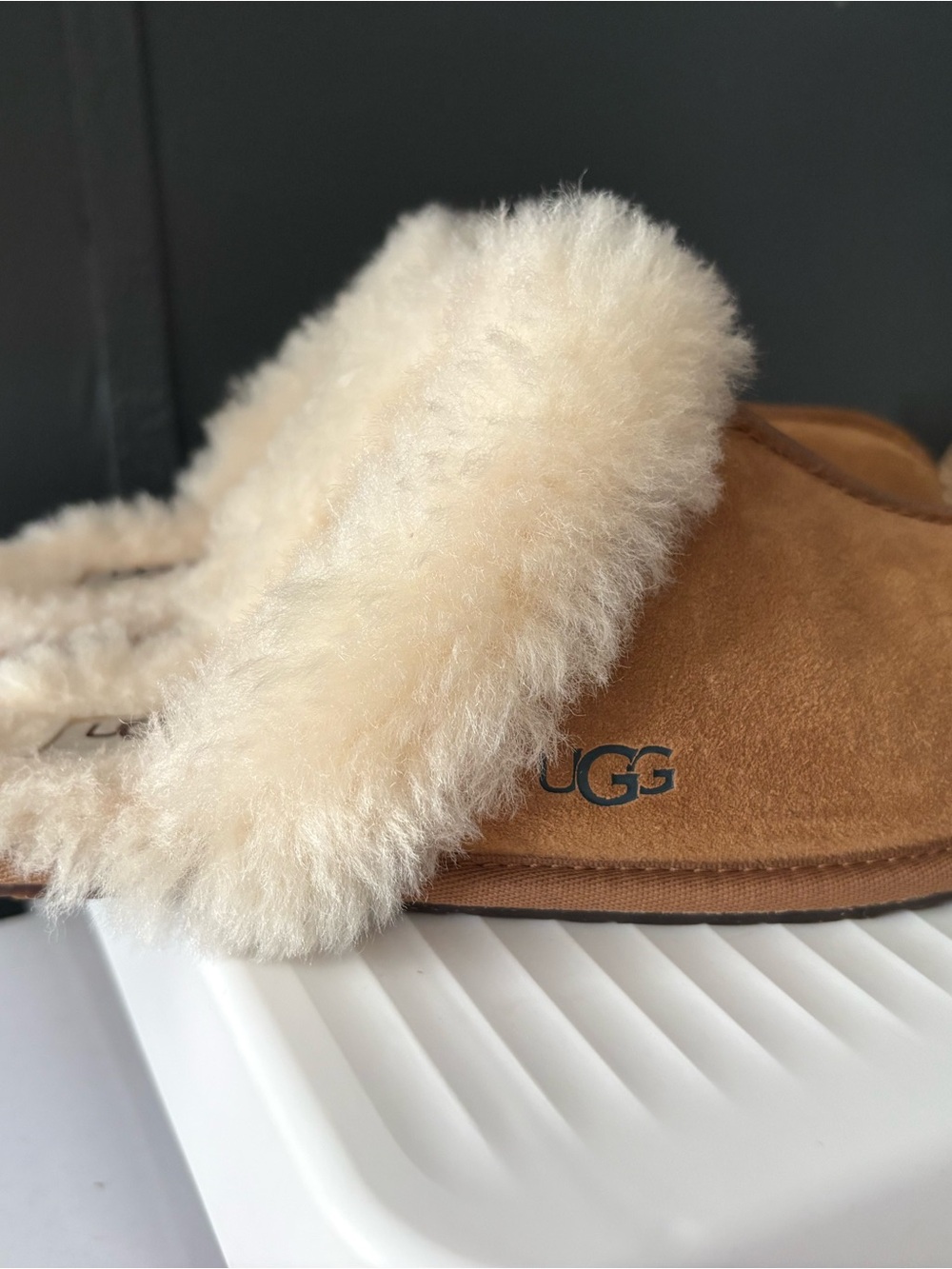UGG Chestnut Suede Sheepskin-Trim Mule Slippers